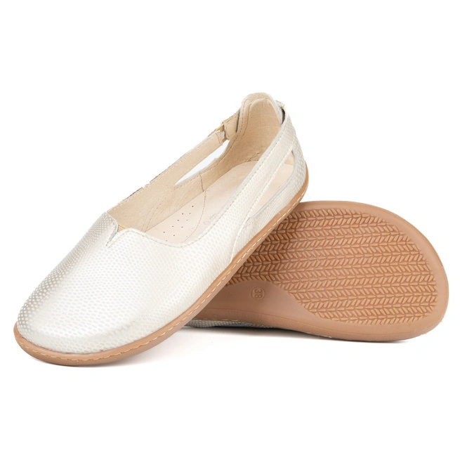 Szerokie baleriny damskie barefoot Flow – skórzane, anatomiczne z wycięciem - kolor opal